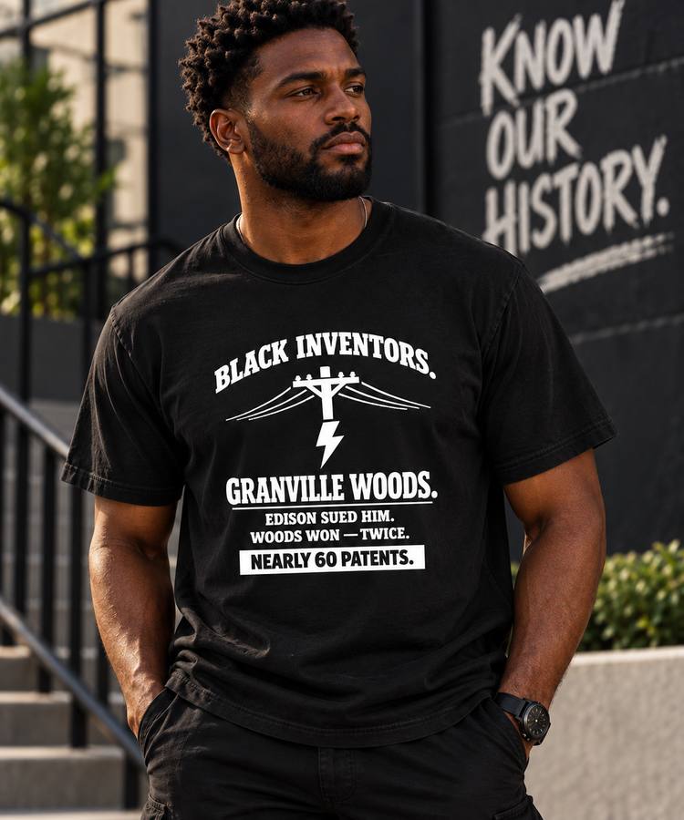Collector wearing the Black Inventors — Granville Woods t-shirt