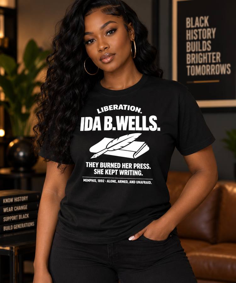 Collector wearing the Liberation — Ida B. Wells t-shirt