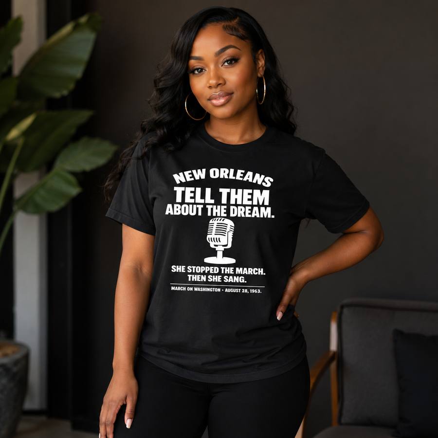 Collector wearing the New Orleans — Tell Them About the Dream statement piece