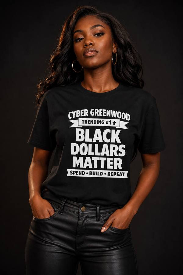 Collector wearing the Cyber Greenwood — Black Dollars Matter statement piece