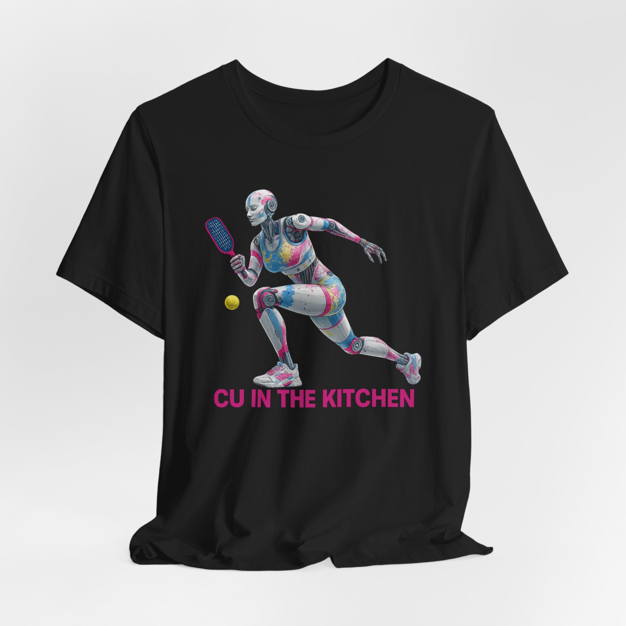 T-Shirt: Futuristic Female Humanoid AI Robot Playing Pickleball CU In The Kitchen