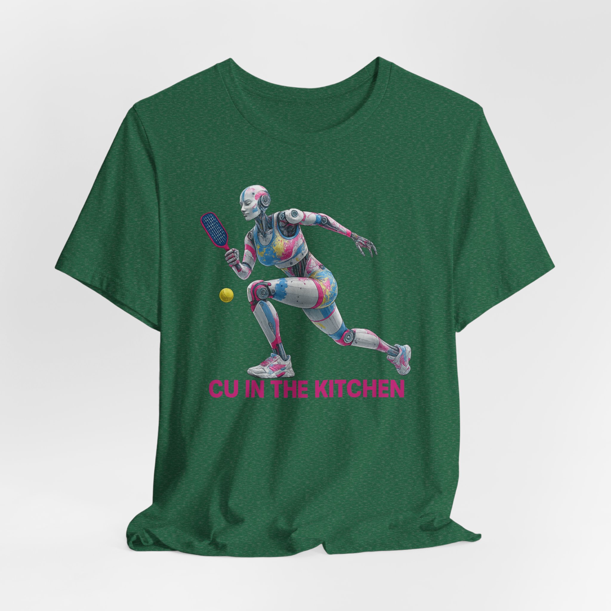 T-Shirt: Futuristic Female Humanoid AI Robot Playing Pickleball CU In The Kitchen - Image 3