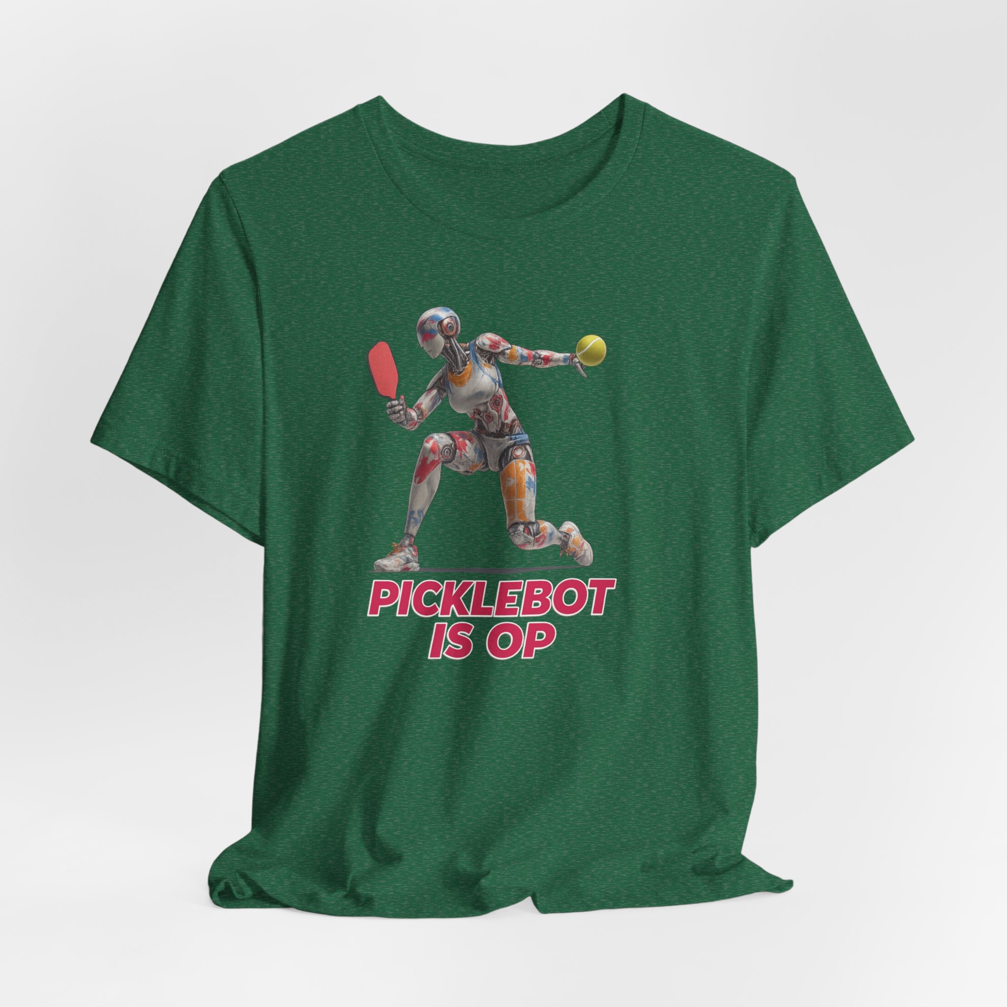Short Sleeve Tee - Futuristic Female Humanoid AI Robot Playing Pickleball - 'PickleBot Is OP' - Image 3