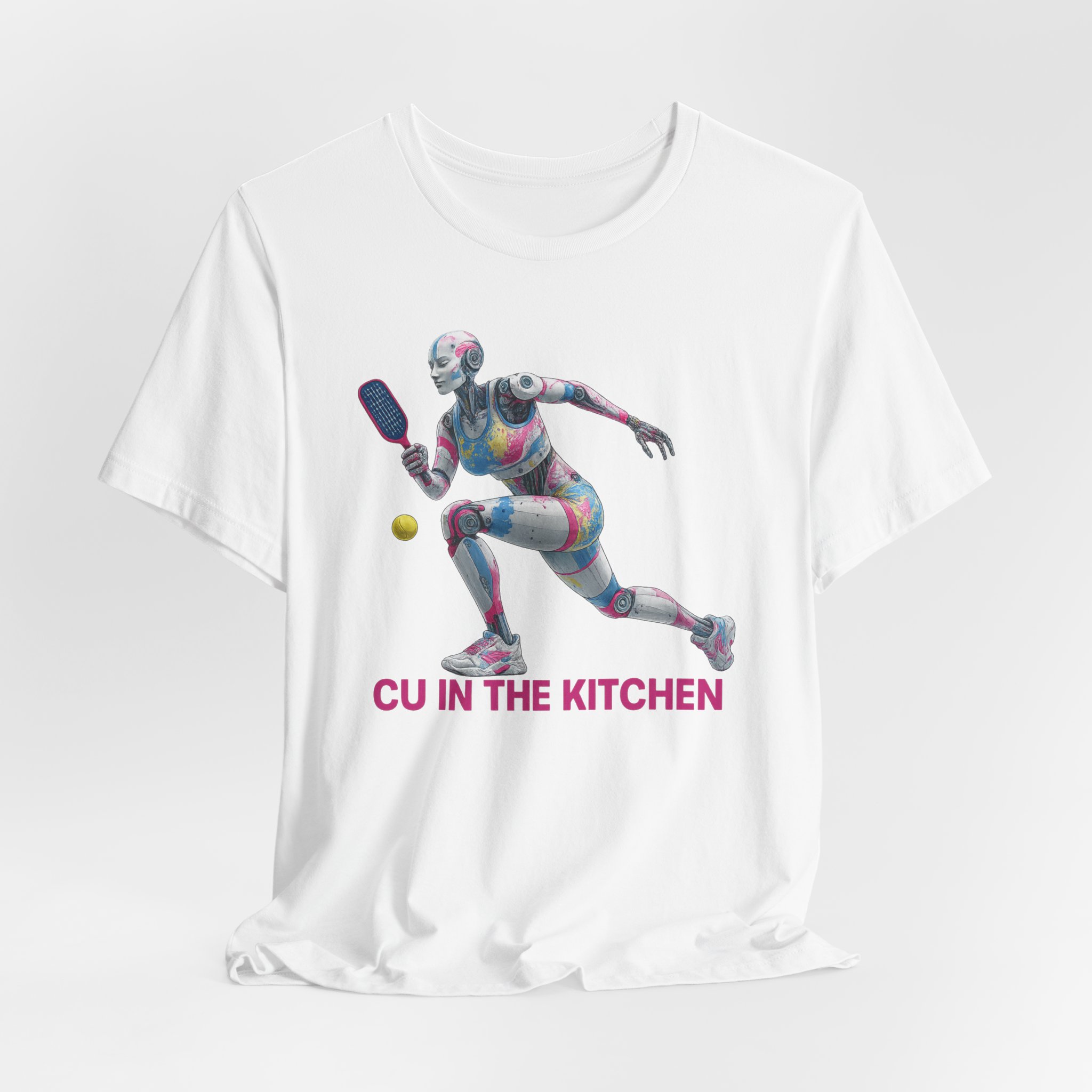 T-Shirt: Futuristic Female Humanoid AI Robot Playing Pickleball CU In The Kitchen - Image 2