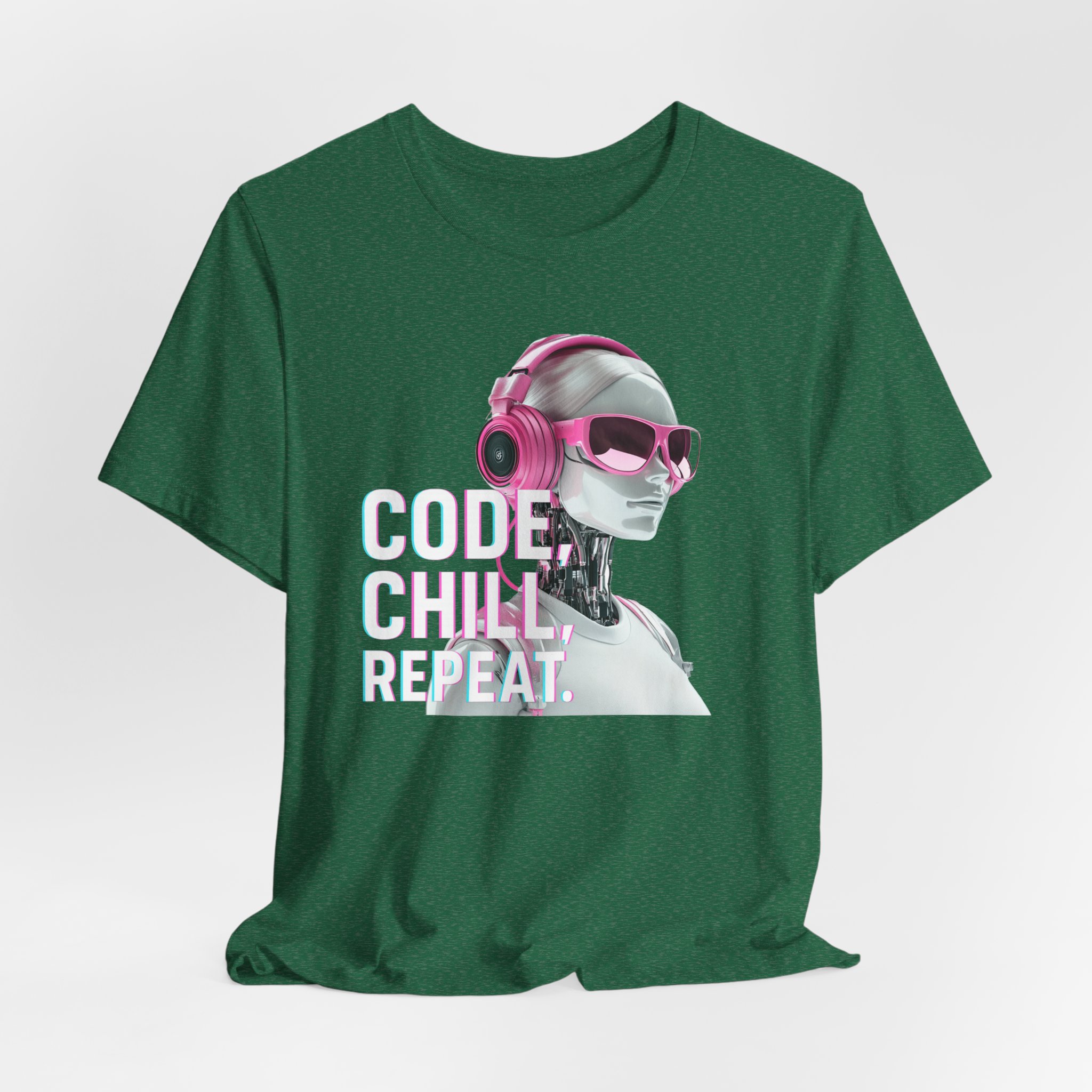 T-Shirt for Tech Enthusiasts - Code, Chill, Repeat - Female AI Robot Design - Image 3