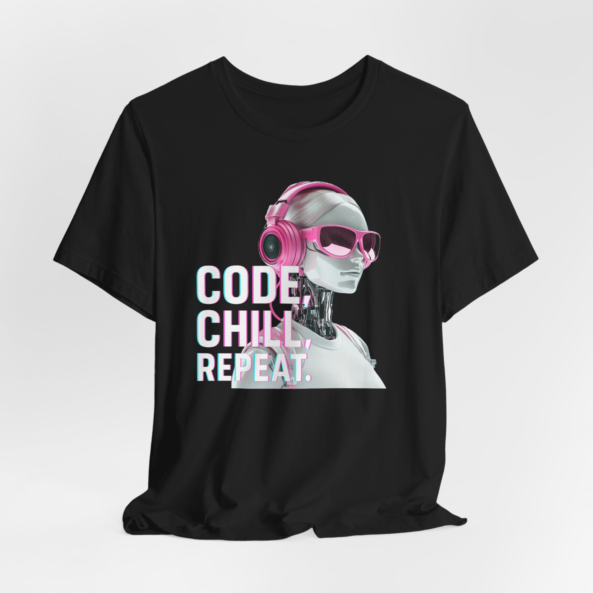 T-Shirt for Tech Enthusiasts - Code, Chill, Repeat - Female AI Robot Design