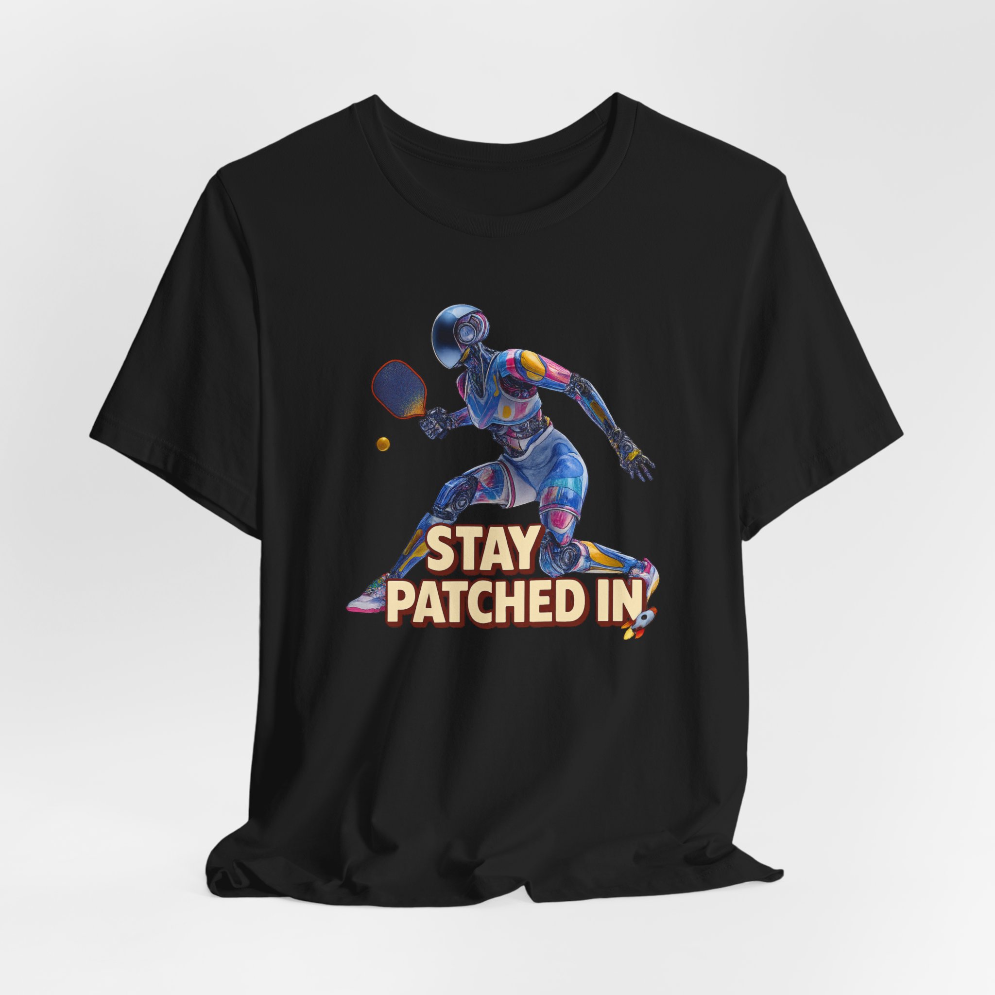 Short Sleeve Tee - Futuristic Female Humanoid AI Robot Playing Pickleball - Stay Patched In