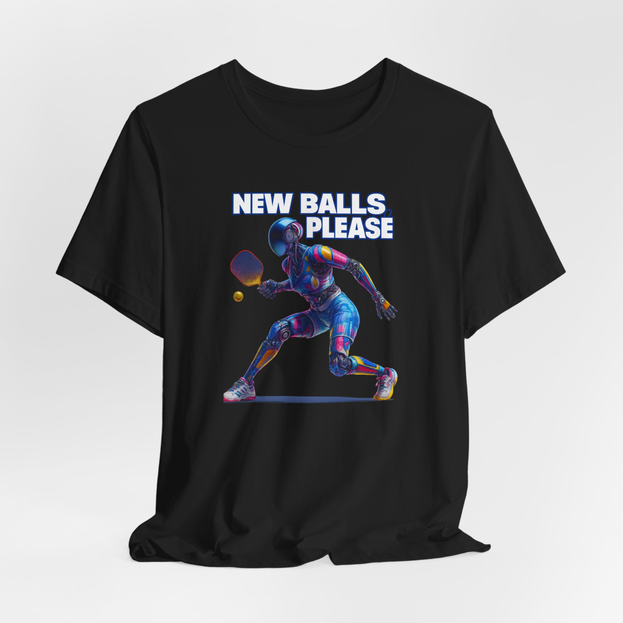 T-Shirt futuristic female robot playing pickleball New Balls Please