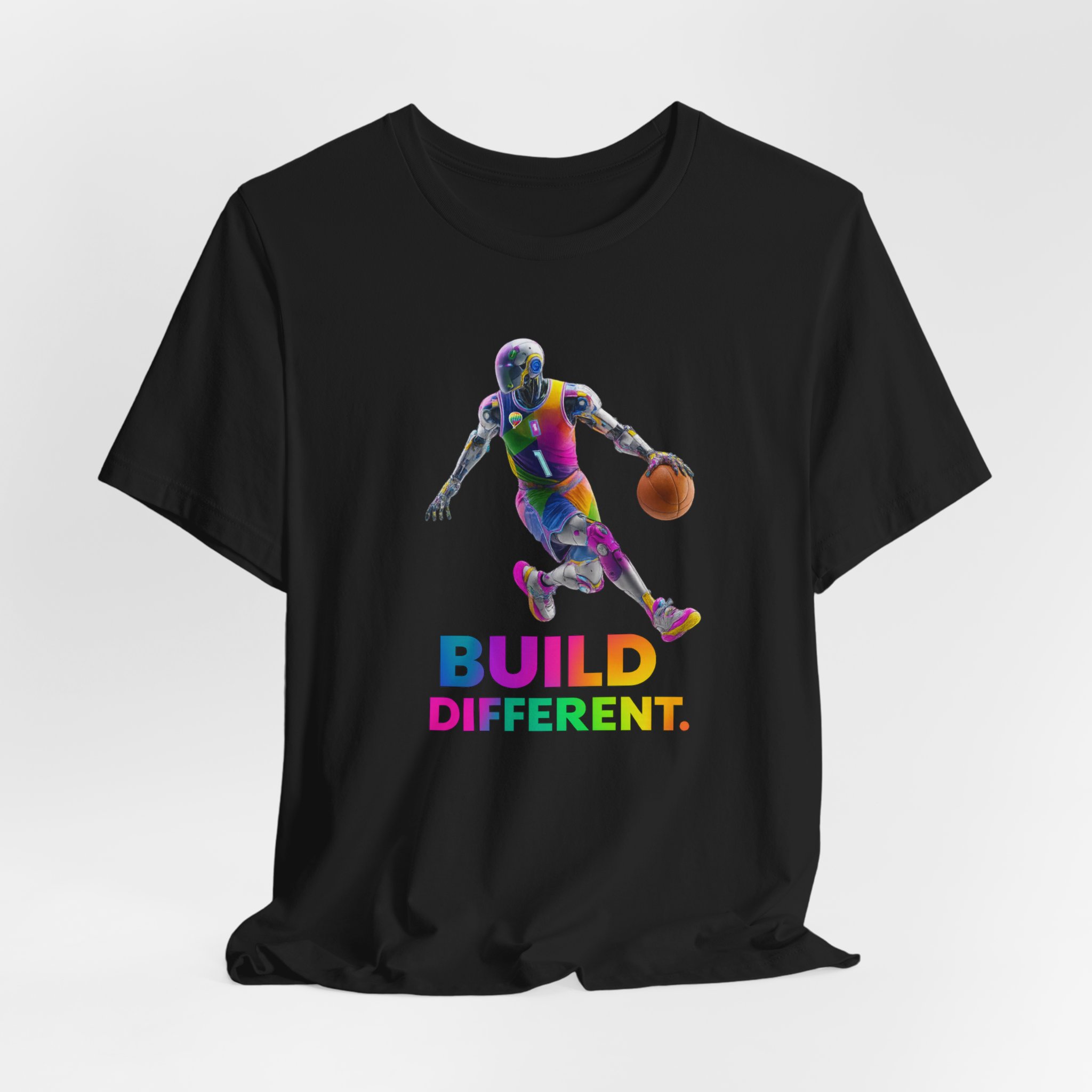 T-Shirt - Futuristic AI Robot Athlete Dribbling Basketball Shirt Built Different