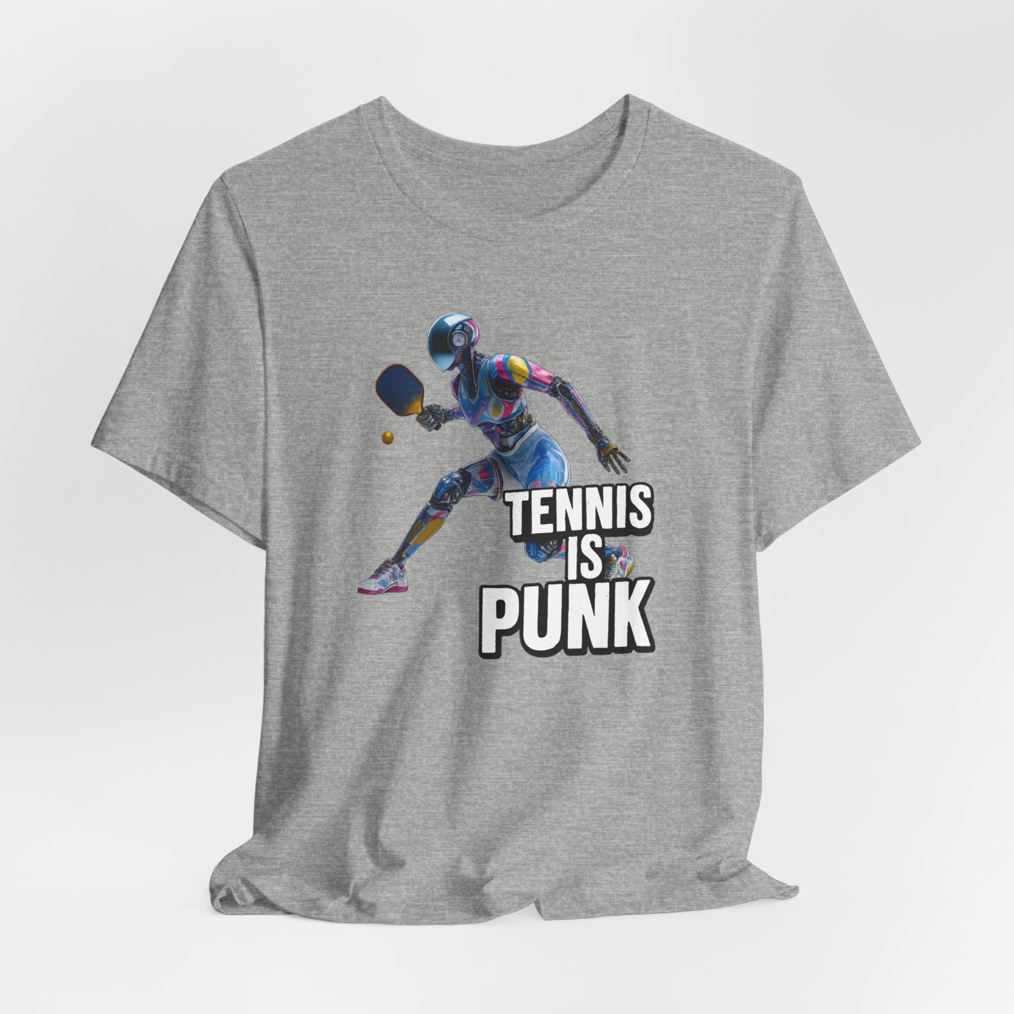 T-Shirt - Futuristic Female AI Robot Playing Pickleball - 'Tennis is punk' - Image 2