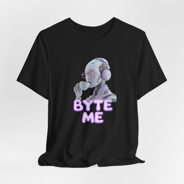 T-Shirt - Feminine Artificial Intelligence Sipping Espresso Tee with 'Byte Me' Text