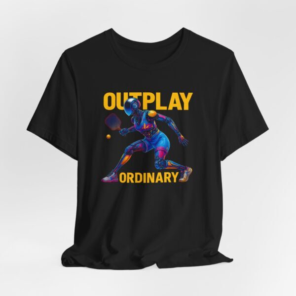 Short Sleeve Tee - Futuristic Female AI Robot Pickleball Player with 'Outplay Ordinary' Text