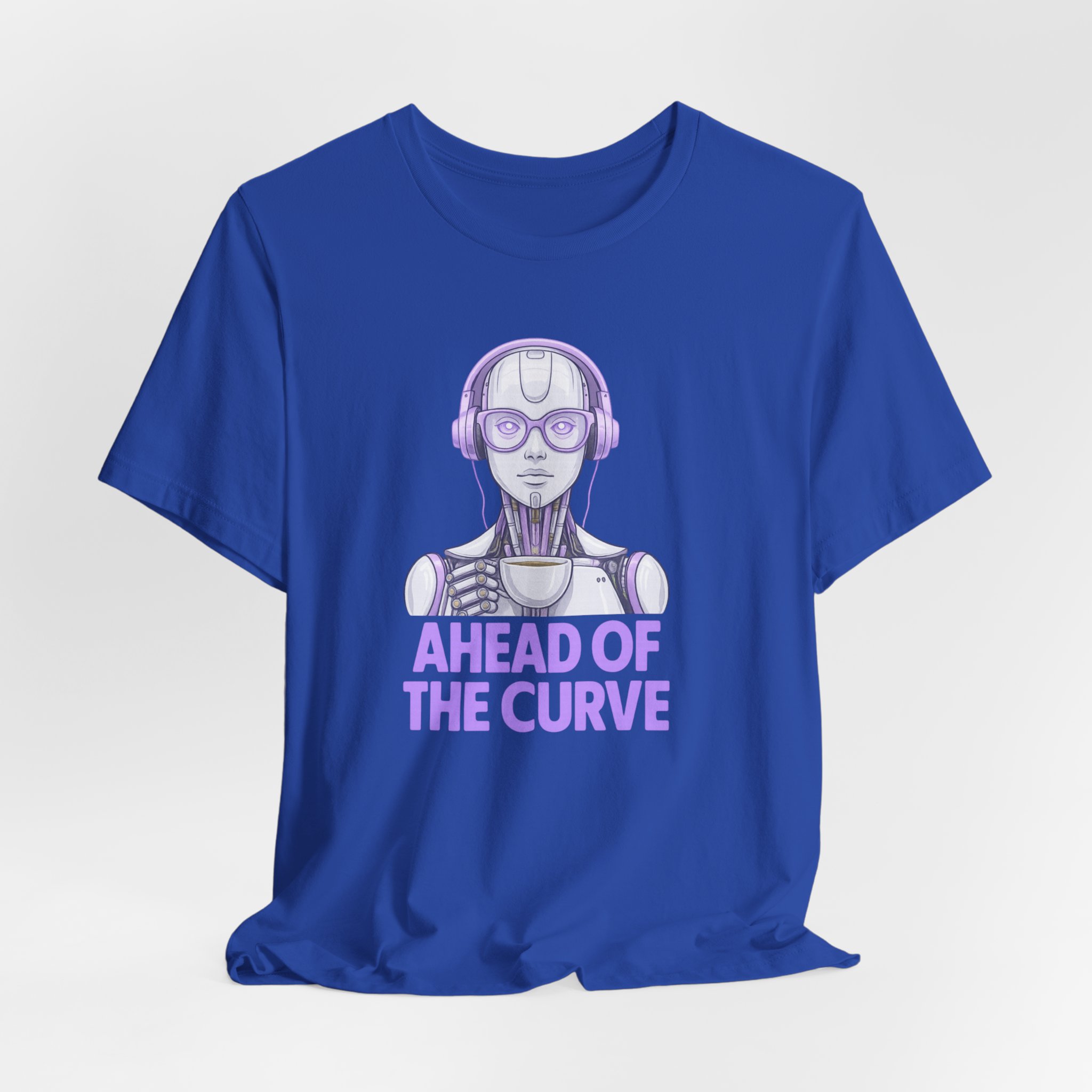 T-Shirt - Feminine Artificial Intelligence Sipping Espresso 'Ahead of the Curve' - Image 4