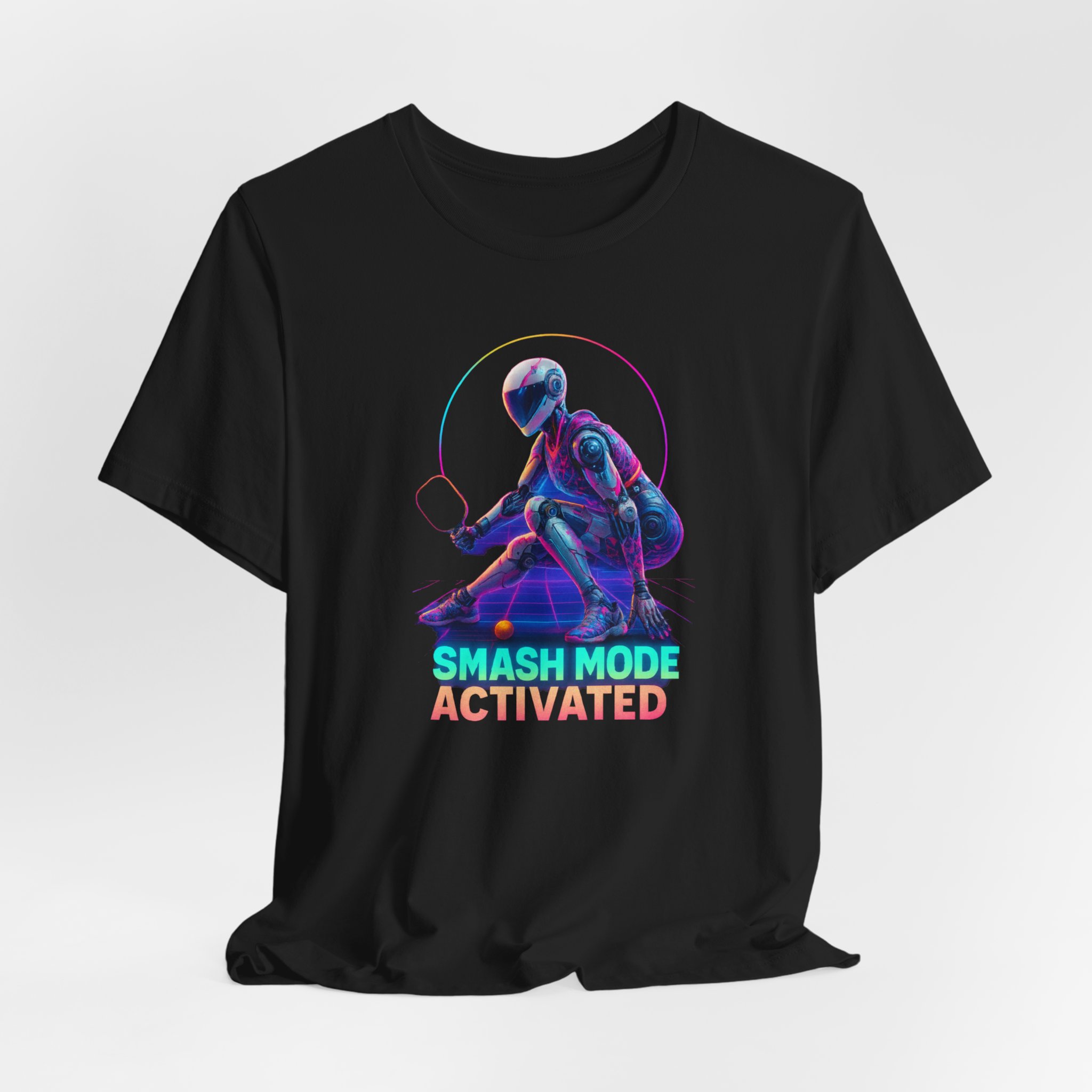 T-Shirt: Futuristic Female Humanoid AI Robot Playing Pickleball Smash Mode Activated