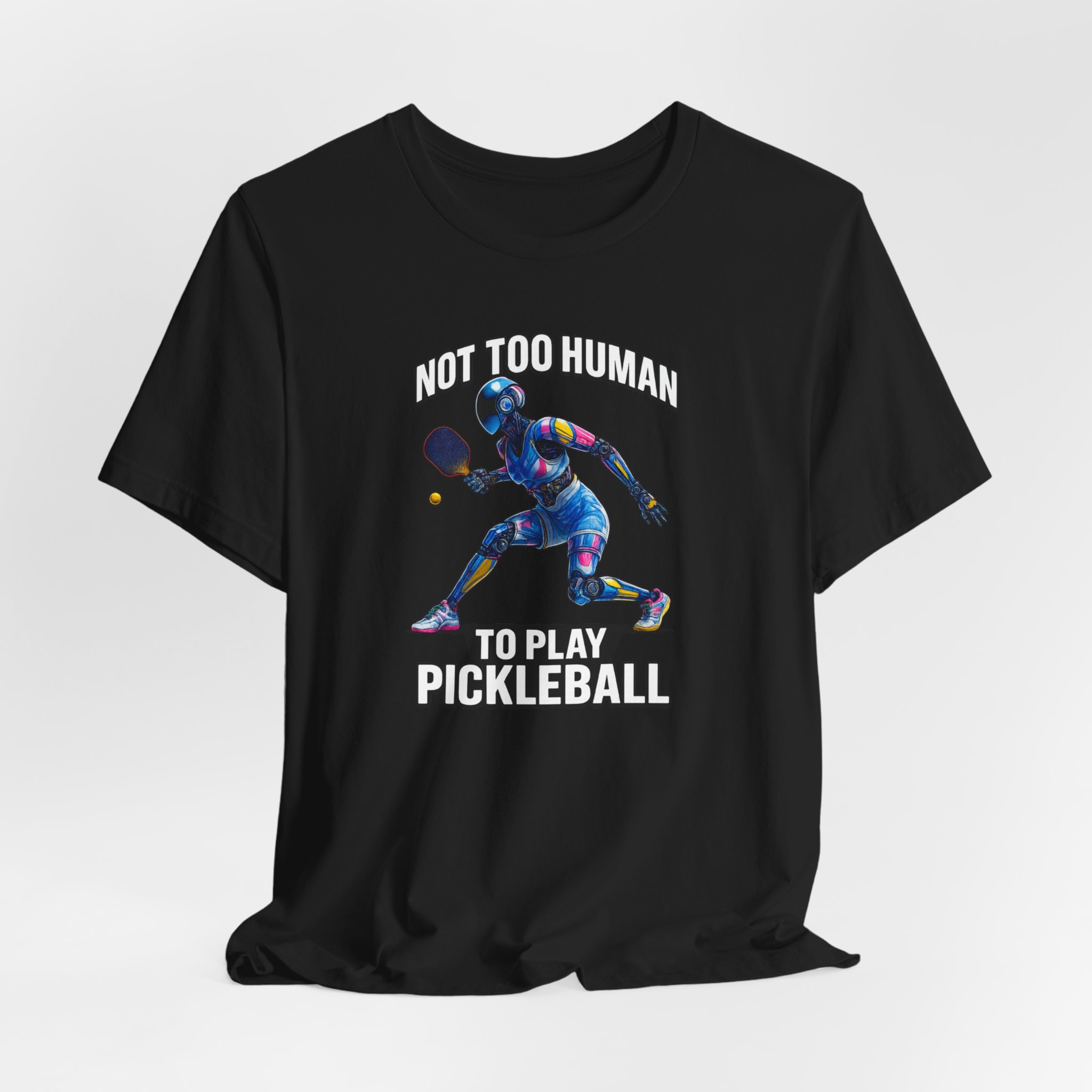 T-Shirt - Futuristic Female AI Robot Playing Pickleball Not Too Human Design - Image 2