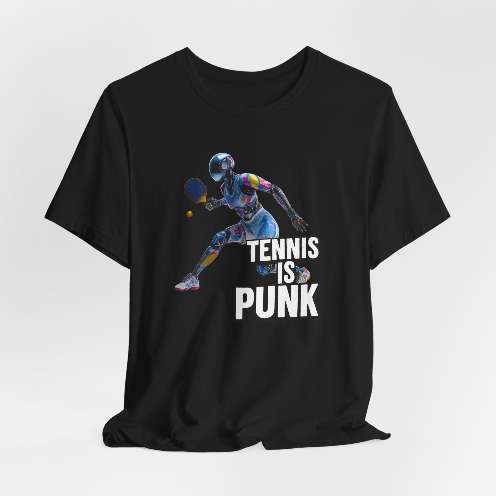 T-Shirt - Futuristic Female AI Robot Playing Pickleball - 'Tennis is punk' - Image 3
