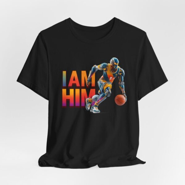 Tee: Futuristic AI Robot Athlete Dribbling Basketball Shirt 'I Am Him'