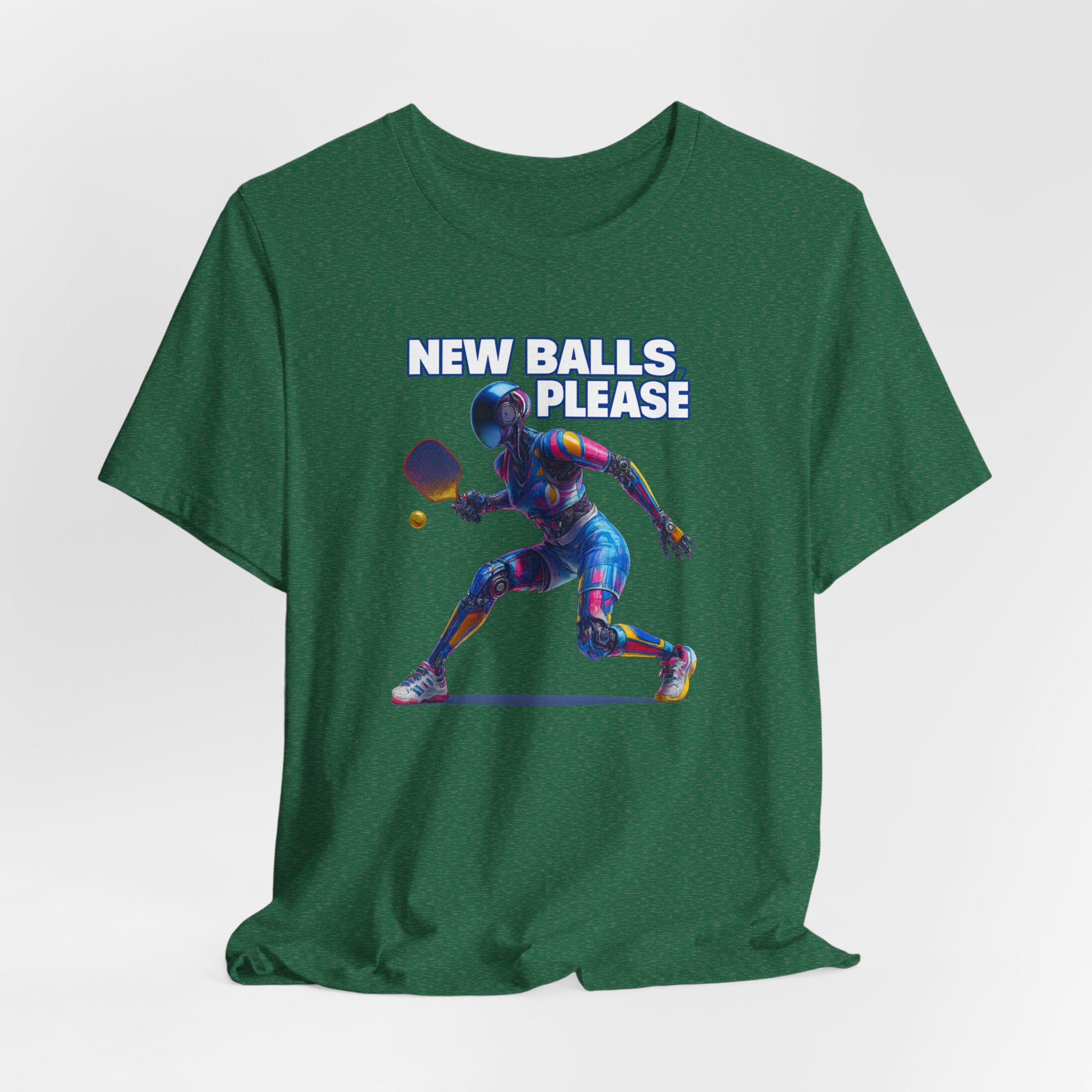 T-Shirt futuristic female robot playing pickleball New Balls Please - Image 2