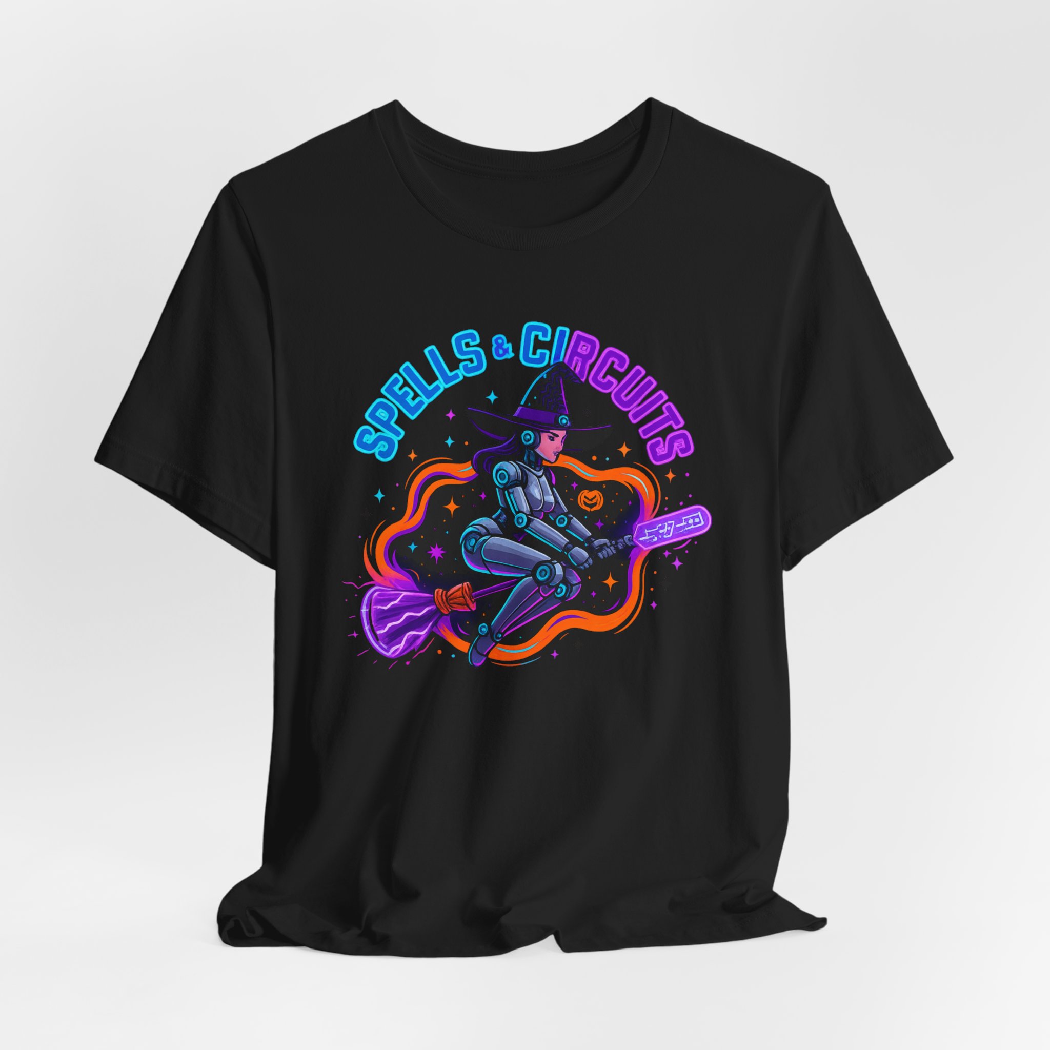 Graphic Tee - AI Witch and Robot Fusion - 'Spells and Circuits'