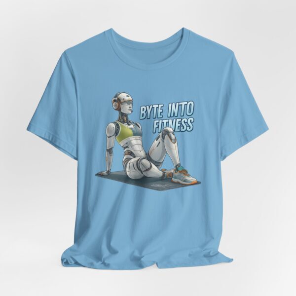 T-Shirt Futuristic Female Humanoid AI Robot Byte Into Fitness