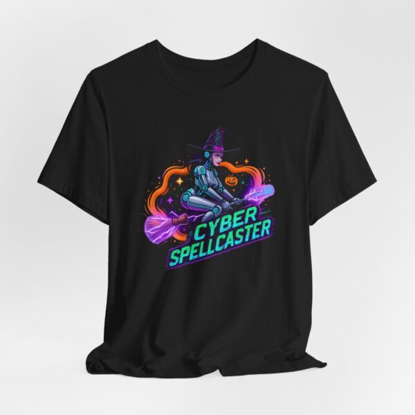 T-Shirt - Cyber Spellcaster AI Witch Female Robot Futuristic Broom Tee