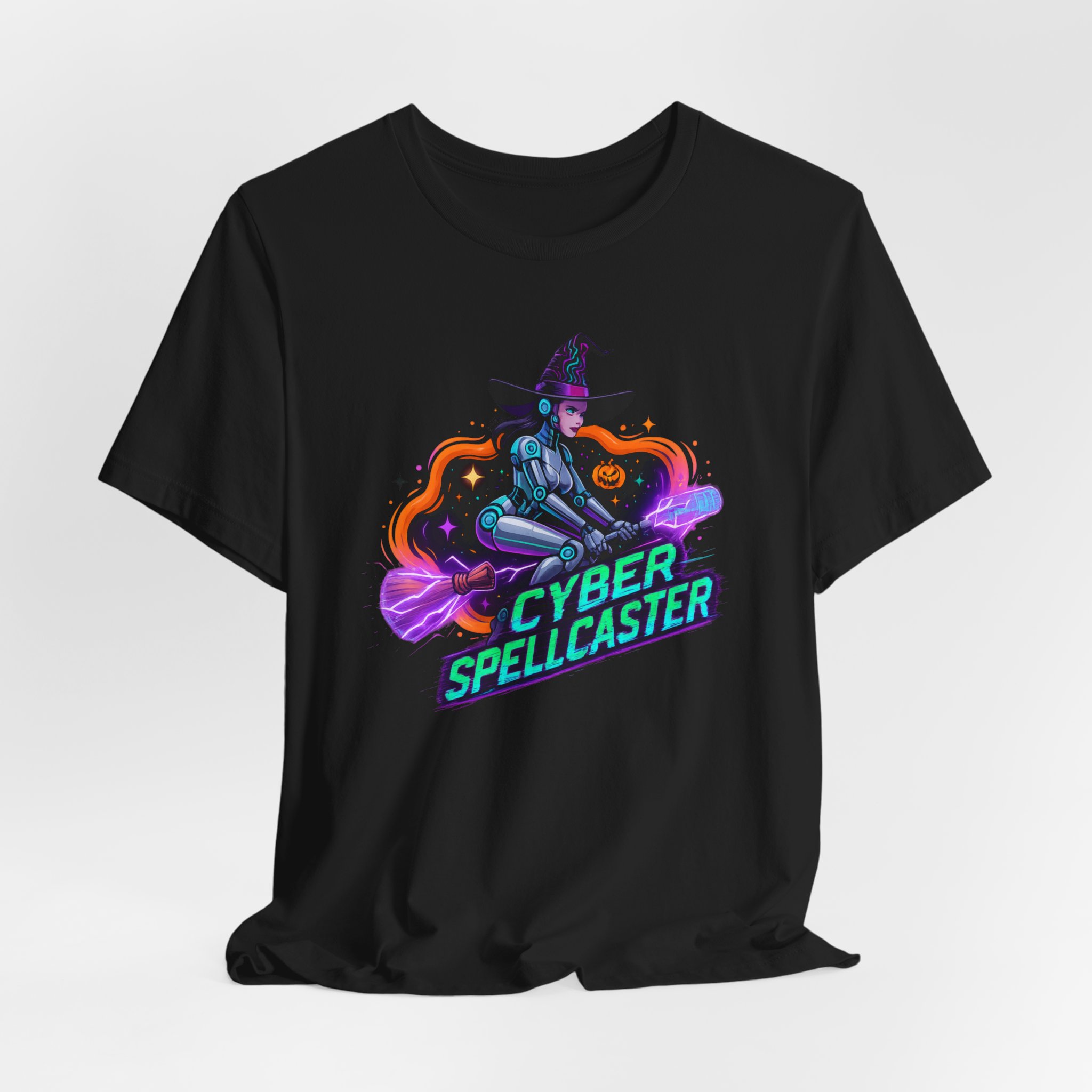 T-Shirt - Cyber Spellcaster AI Witch Female Robot Futuristic Broom Tee