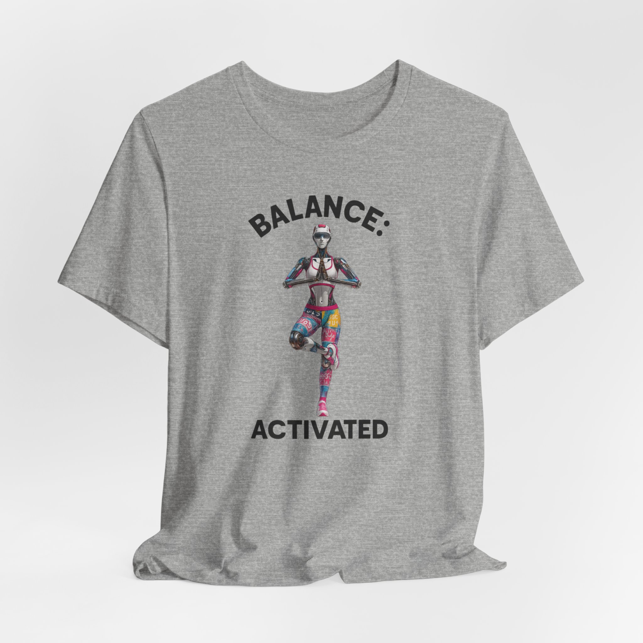 Tee: Futuristic Female Humanoid AI Robot in Yoga Pose with 'Balance: Activated' Text - Image 3