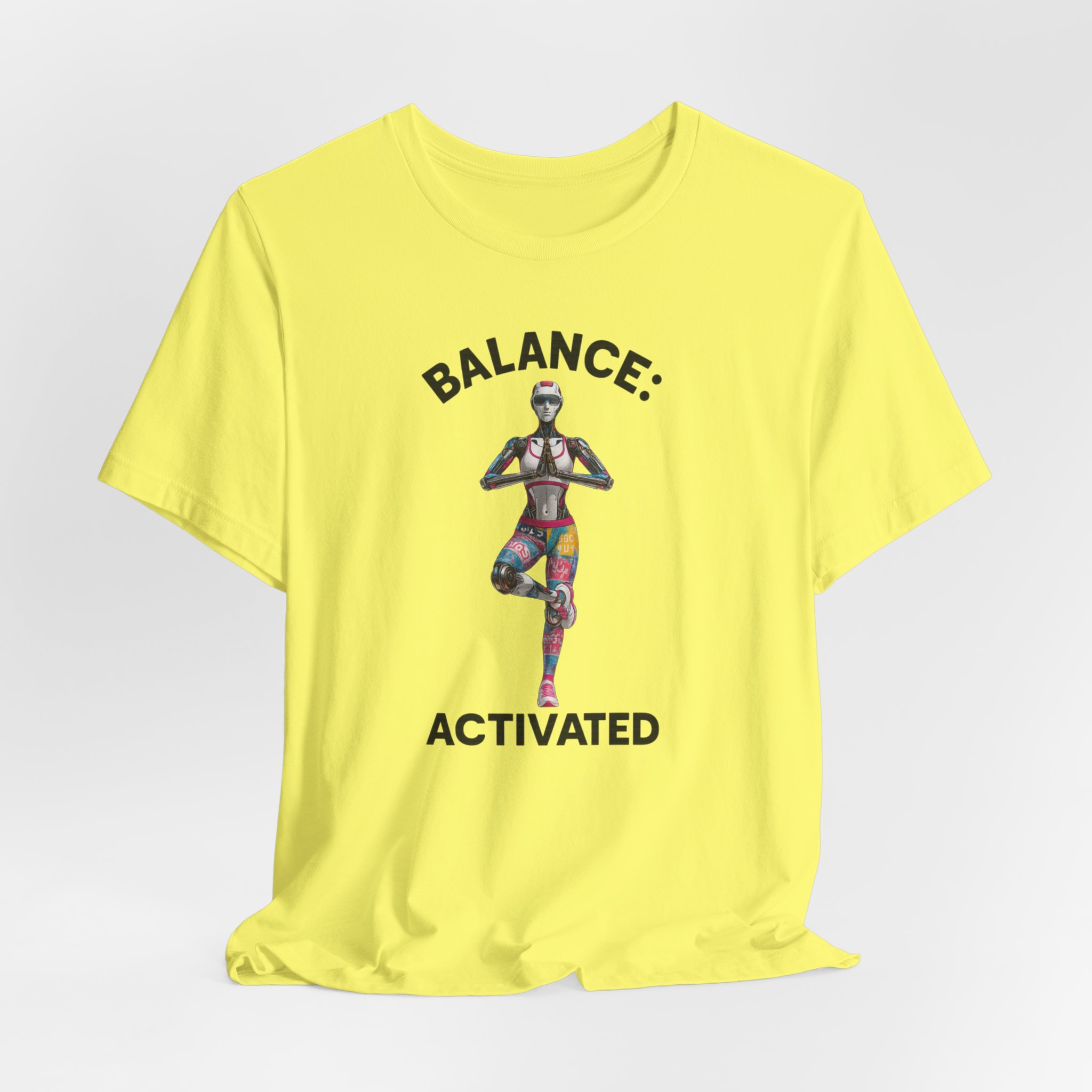 Tee: Futuristic Female Humanoid AI Robot in Yoga Pose with 'Balance: Activated' Text