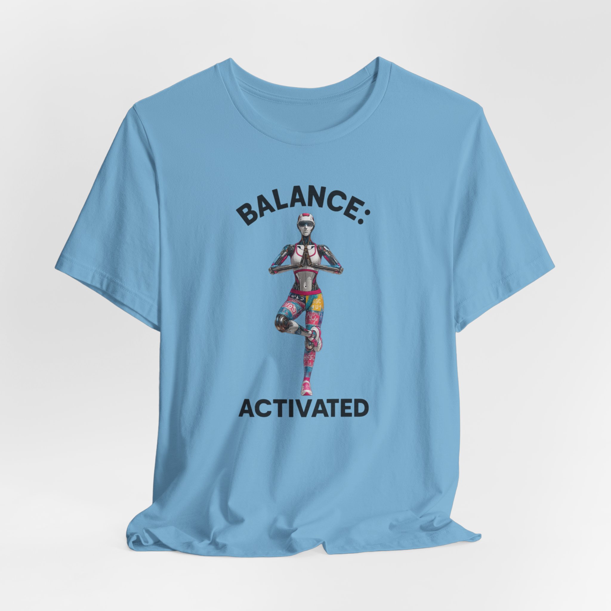 Tee: Futuristic Female Humanoid AI Robot in Yoga Pose with 'Balance: Activated' Text - Image 4