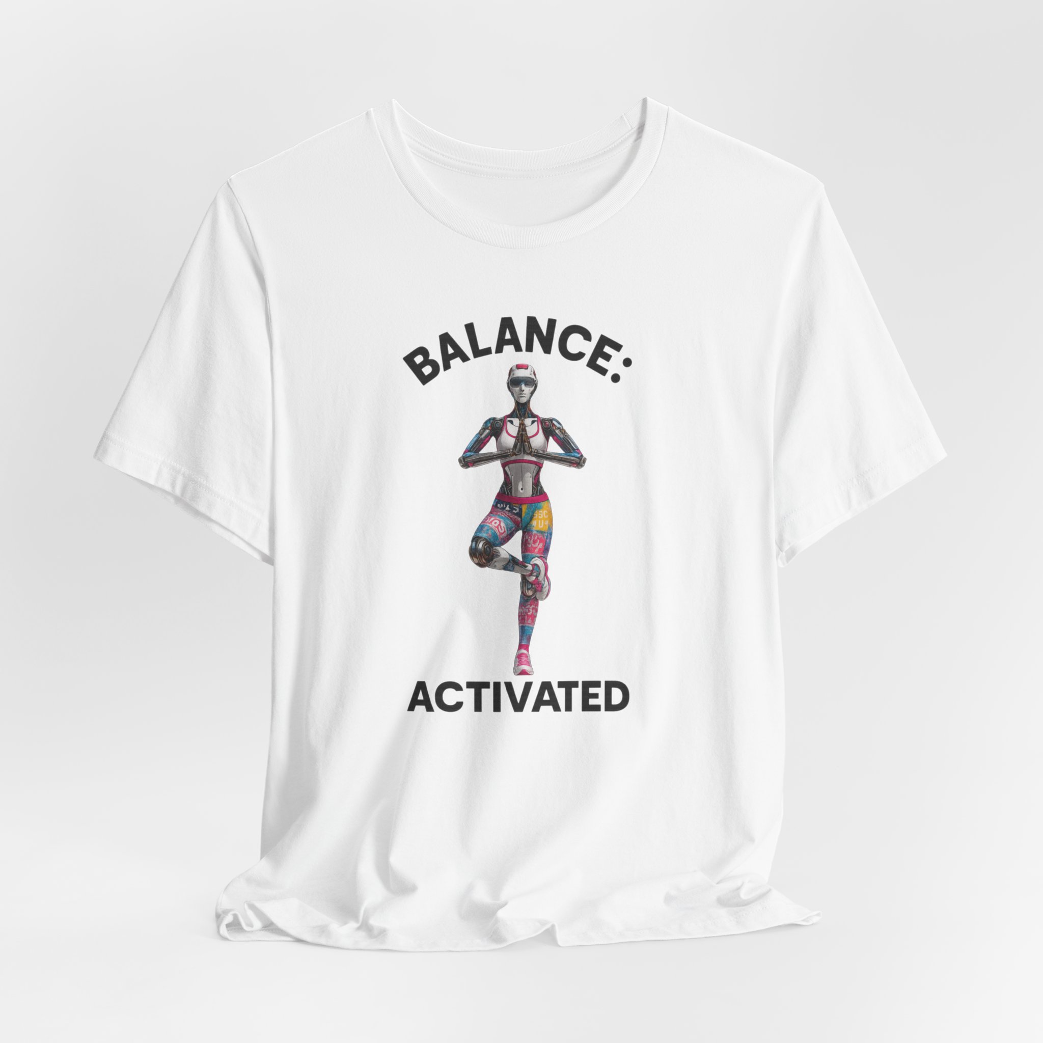 Tee: Futuristic Female Humanoid AI Robot in Yoga Pose with 'Balance: Activated' Text - Image 2